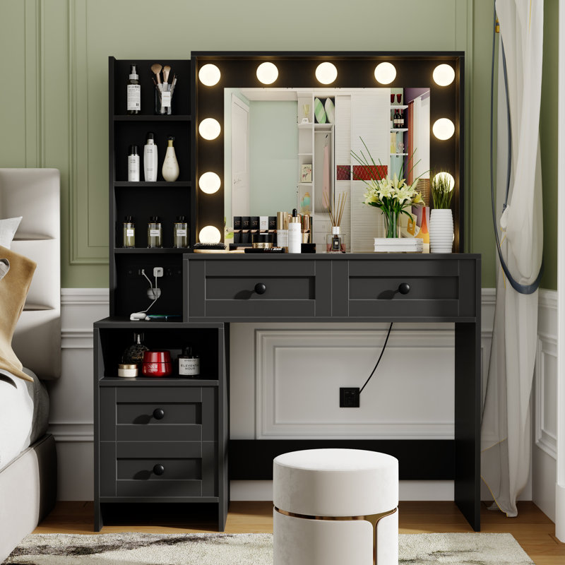 Coiffeuse de maquillage avec prises intégrées et miroir lumineux, Blanc