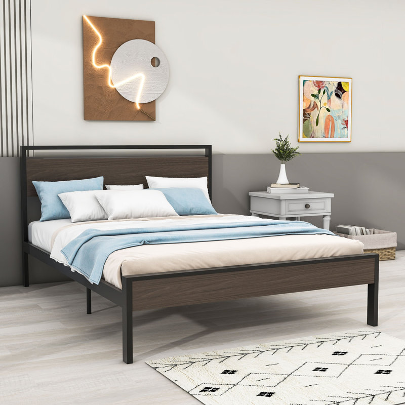 Buruk Metal Bed with Headboard, Queen, Black/Walnut