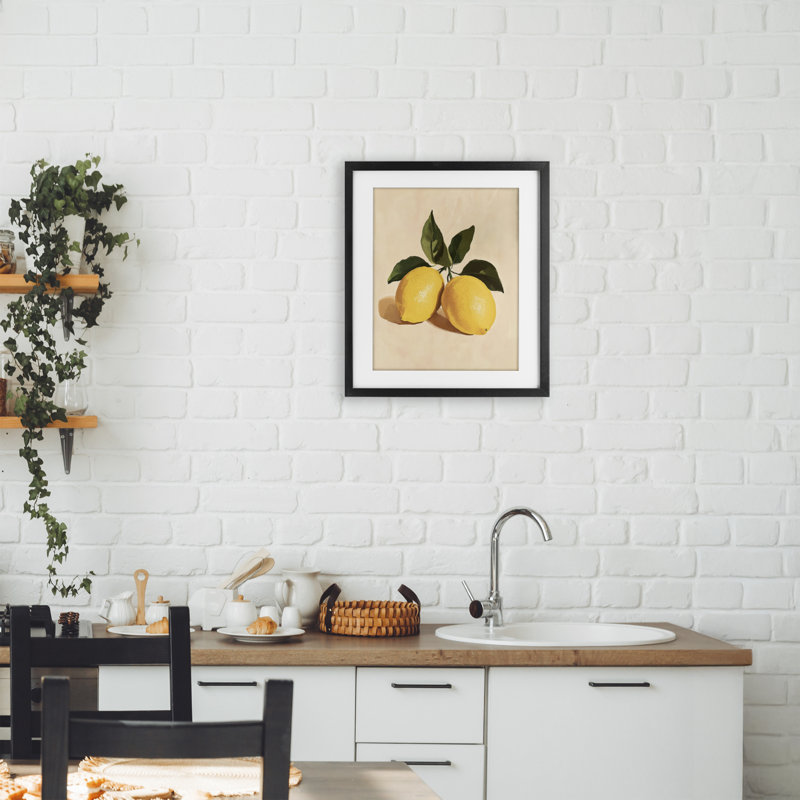 Reproduction sous verre encadrée de citron avec feuilles, design par Petal Prints Design, Cadre noir minuit