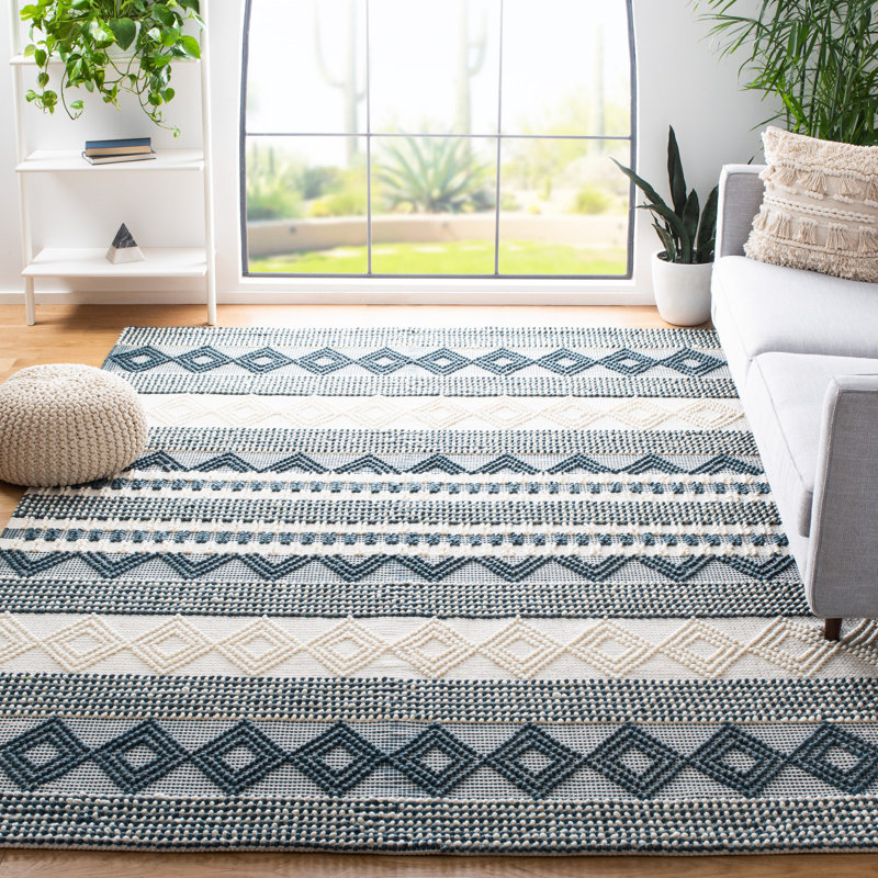 Southwestern Hand Woven Wool/Cotton Southwestern Rug, Rectangle 2'3" x 4', Dark Navy/Ivory