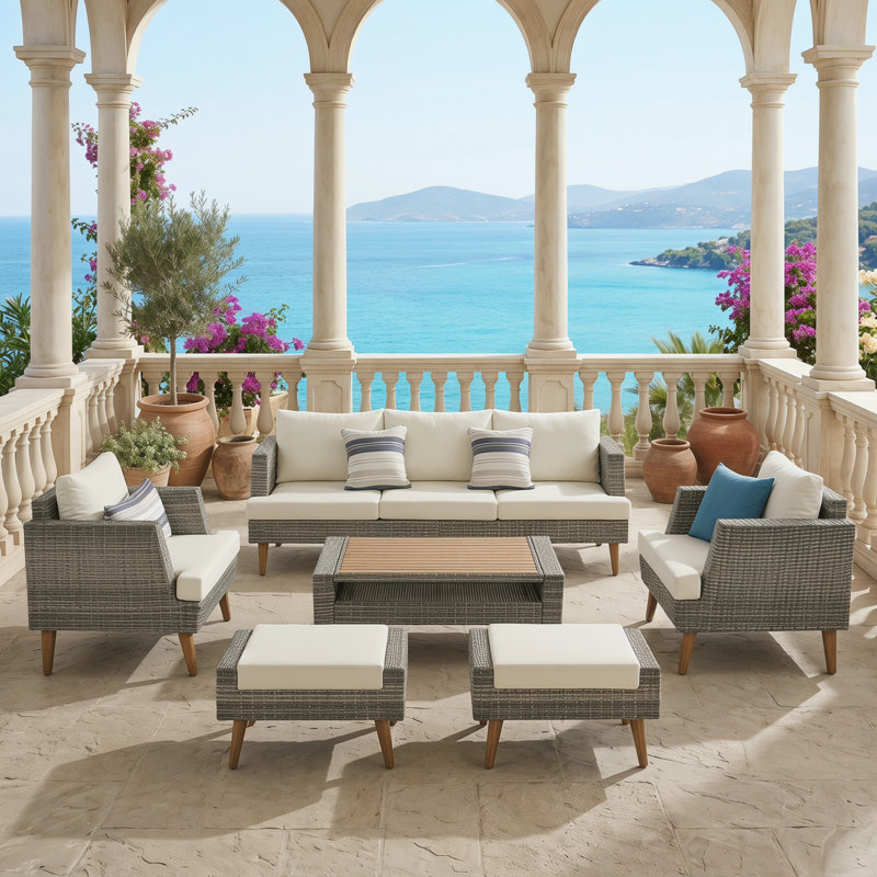 Ensemble de canapés en osier 6 pièces 6 pièces avec coussins doubles, pieds et table en bois, beige et gris, Gris + beige