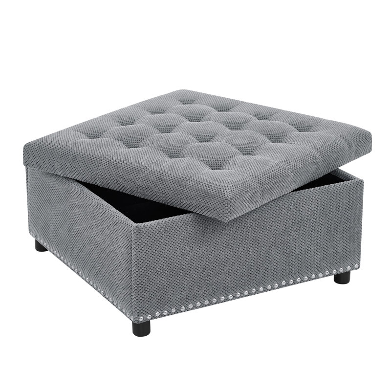 Storage Ottoman, Tufted Footstool, Nailhead Trim Ottoman, Light Gray