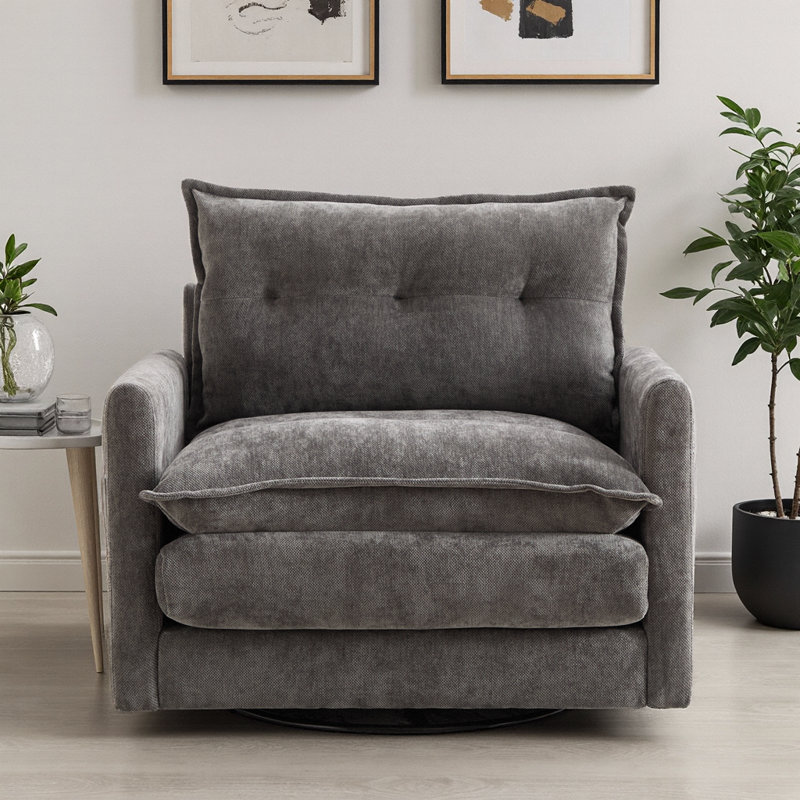 36.3" Chenille Rotatable Upholstered Sofa Chair With Side Pockets, Gray