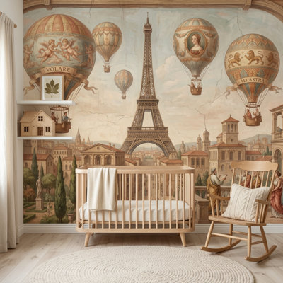 Papier peint mural rétro vintage avec montgolfières, décoration murale tour Eiffel amovible