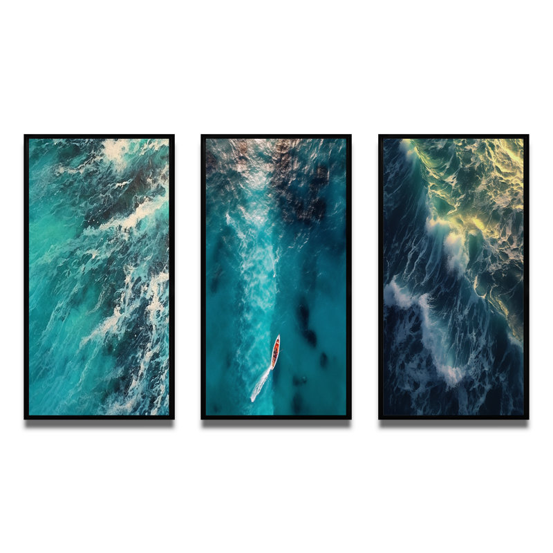 «Vue aérienne des vagues de turquoise qui se brisent en V» - 3 pièces, Cadre flottant noir, H 20 po x l 36 po