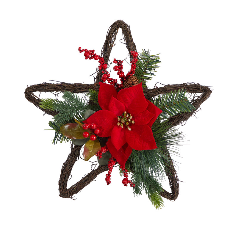 Holiday Christmas Poinsettia Star Twig Wreath