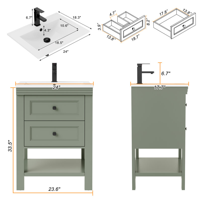 Daum 24" Single Bathroom Vanity With Ceramic Sink Top, 2 Smooth Drawers, Faucet, Green