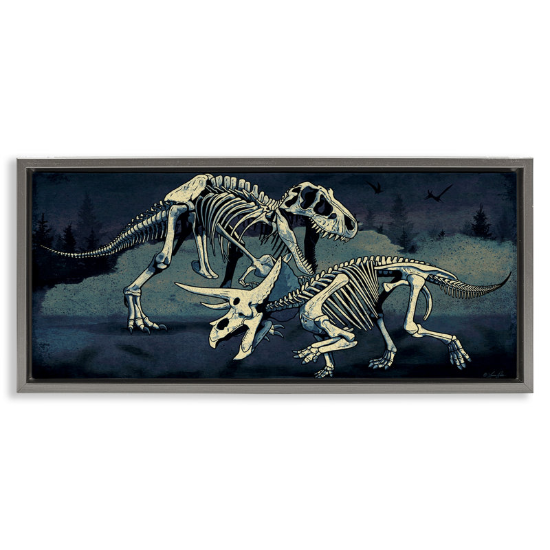  «Dinosaur Skeletons Duo» par Lauren Rader, Cadre flottant gris lustré, H 11 po x l 25 po