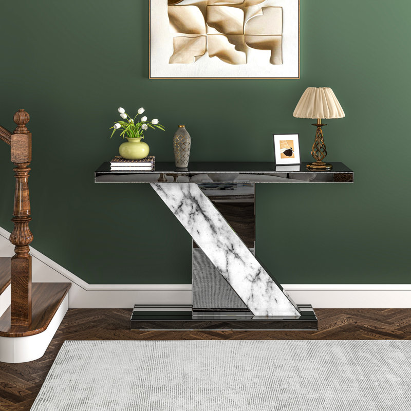 Rillamas 47.24'' Mirrored Glass Console Table Imitation Marble Sofa Entryway Table