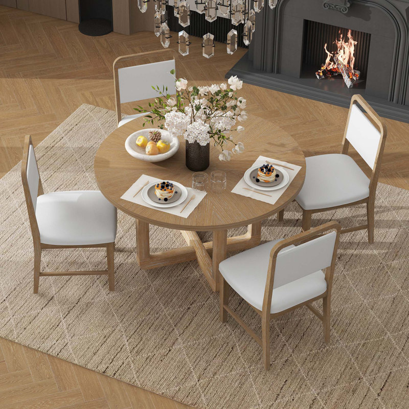 Inmar 5-Piece Retro Dining Set For Dining Room And Kitchen, Beige, Natural Wood Wash