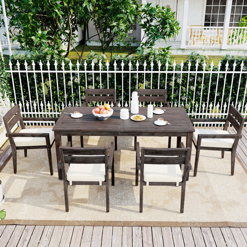 7 Pieces Acacia Wood Outdoor Dining Set With Cushions, Gray