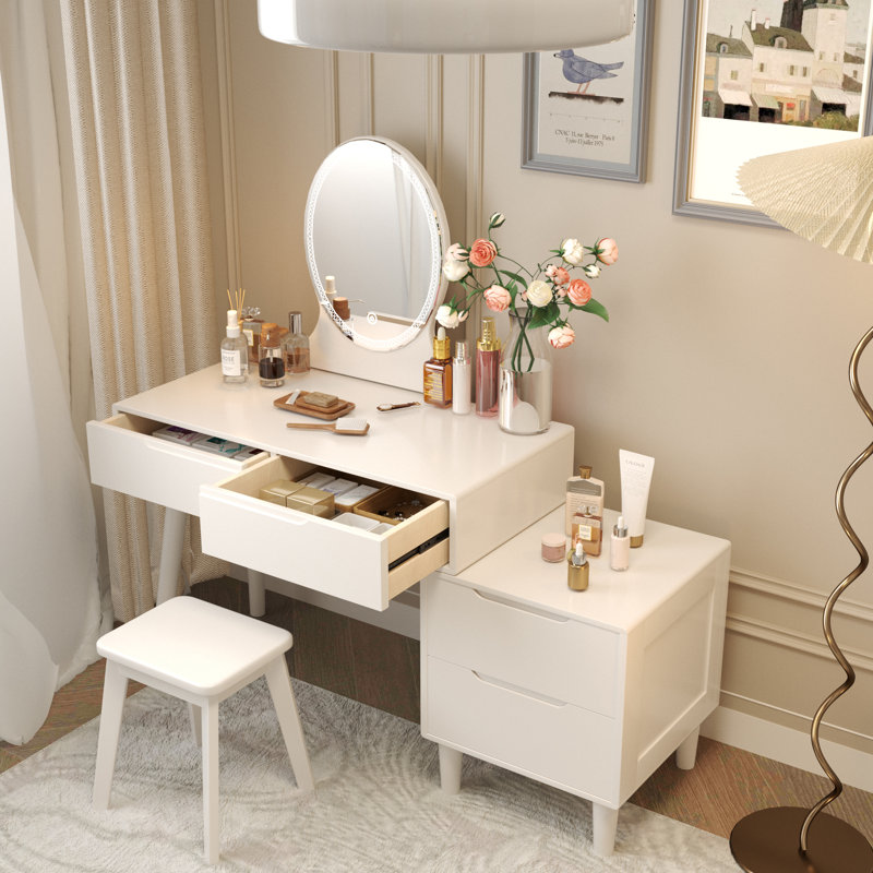 Miroir de coiffeuse avec tiroirs, Blanc