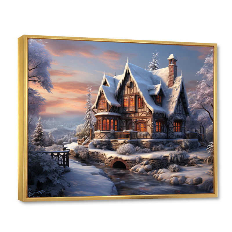 Winter Snowy Cottage III, reproduction d'art sur toile, 24" H x 32" W, Cadre flottant doré