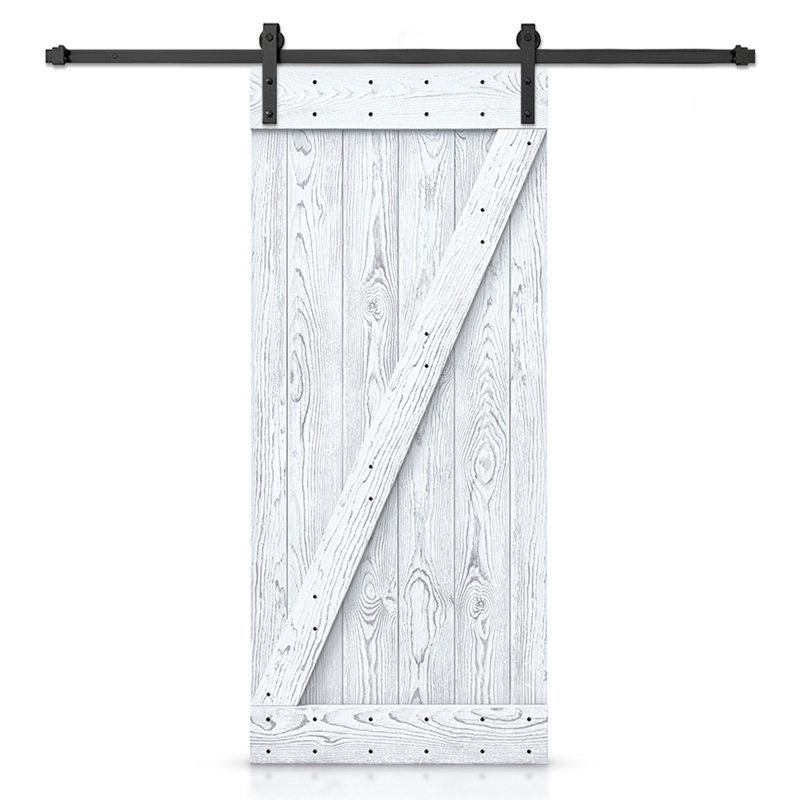 Porte de grange lambrissée peinte en bois et métal avec trousse de quincaillerie d'installation, 30 po x 84 po, Blanc