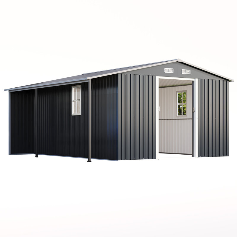 12 × 12 × 6.6 ft Galvanized Metal Storage Shed with Open Firewood Bay, Sliding Doors & Ramp, 2 Windows & Vents – Dark Grey/White