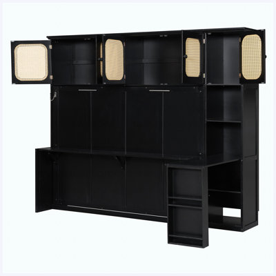 Lit escamotable double avec bureau et armoires en rotin, lit mural peu encombrant, noir