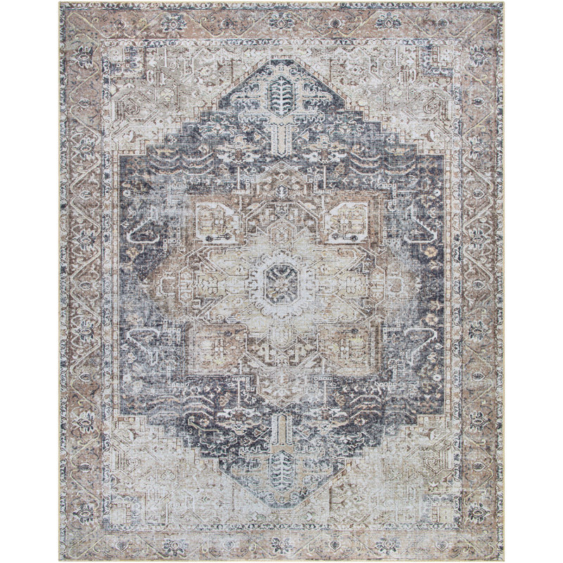 Tapis bleu / brun moyen encre lavable à la machine Heyward, Rectangle 7 pi 10 po x 10 pi 2 po
