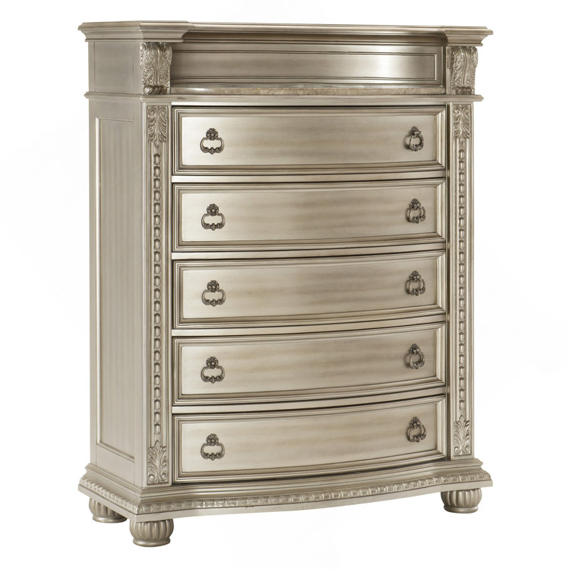 Silver Finish European Design 1Pc Luxury Storage Chest With 5 Drawers Genuine Marble Insert Traditional Bedroom Furniture