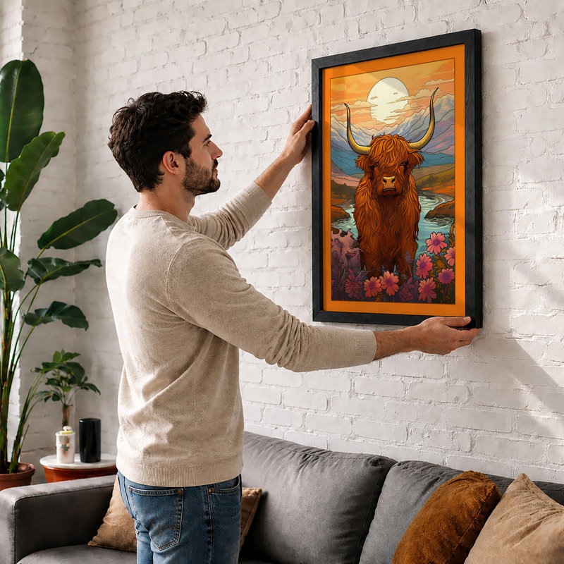 Highland Cattle At Dusk Rustic - Print, A1 - 84.1 x 59.4 cm, Black