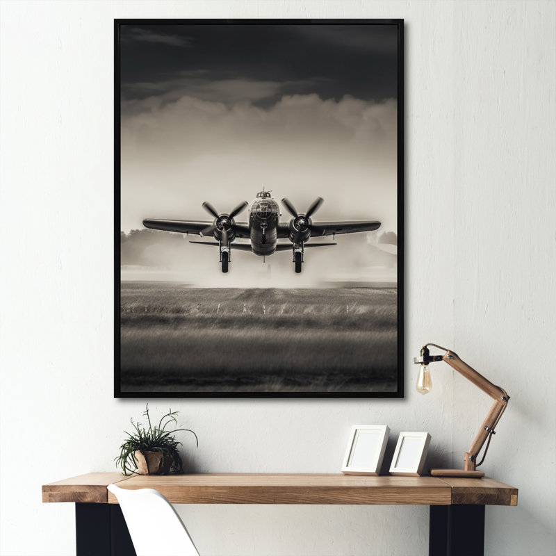 Neavins gris et atterrissage en avion - art mural avion, H 32 po x l 16 po x P 1 po, Cadre flottant noir