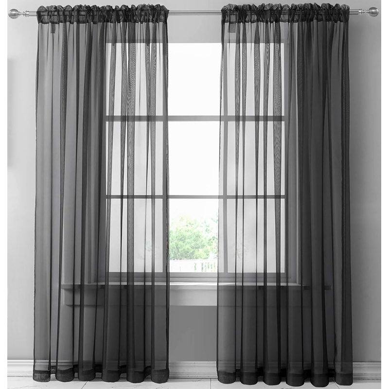 Sheer Window Rod Pocket Curtain Set 84" Inches Long (2 Panels), Black