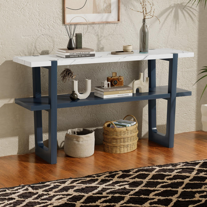 54" Modern Console Table With Rubber Wood Frame & Marble-Effect Top, Elegant Sofa Table, Retro Entryway Table, Hallway Table For Living Room Home Office