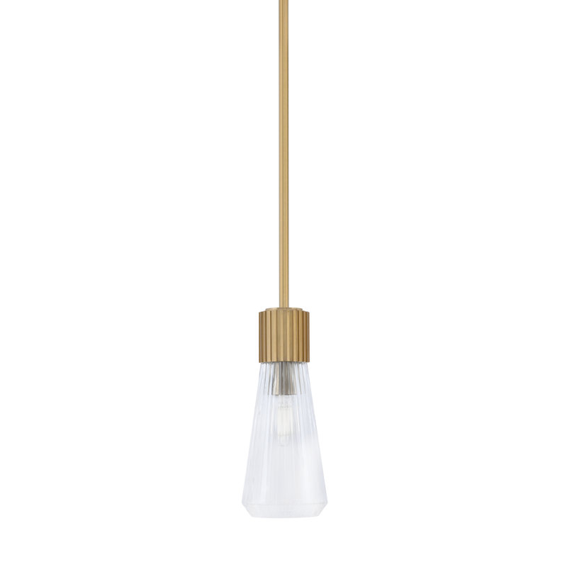 Mini-luminaire suspendu Akins, fini laiton vieilli avec verre côtelé transparent de 4 po, Clair, Laiton