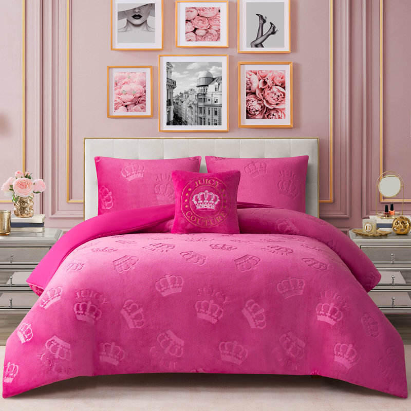Juicy Couture Embossed Plush Crown Comforter Sets, Hot Pink, King + 3 Additional Pieces