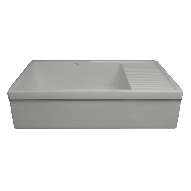 Whitehaus 36” Single Bowl Fireclay Kitchen Sink: Integral Drainboard, 2-1/2" Lip Front Apron, Matte Light Cement