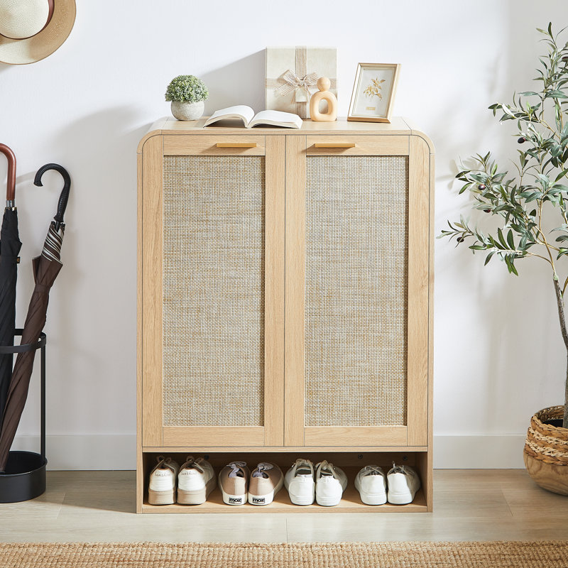 Armoire de rangement à chaussures en rotin à 5 niveaux avec tablettes réglables, Bois de chêne