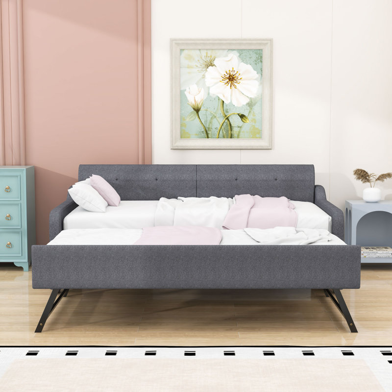 Twin Upholstered Daybed with Pull-Out Twin Trundle and USB Charging Armrest, Gray