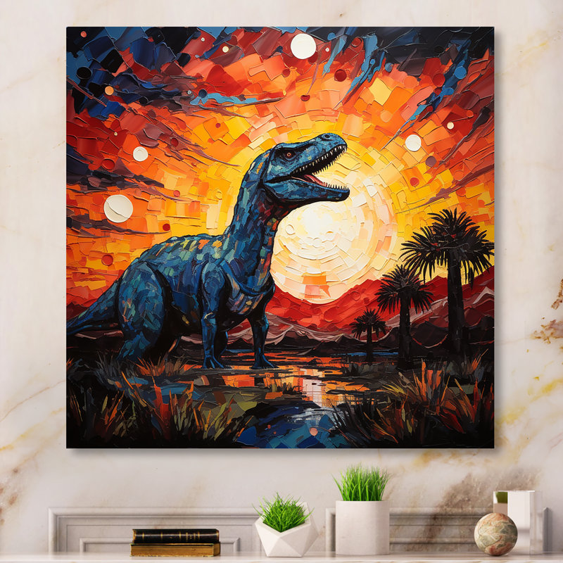 Coucher de soleil rouge et jaune sur dinosaure II - Art mural dinosaure, H 29 po x l 29 po