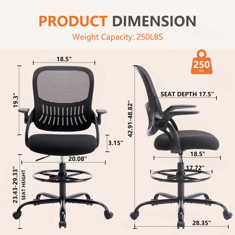 Chaise haute de bureau ergonomique avec accoudoirs rabattables, Noir