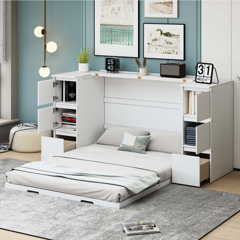 Armoire lit escamotable avec chaise, bureau et tiroirs Murphy, Blanc, Full/Double