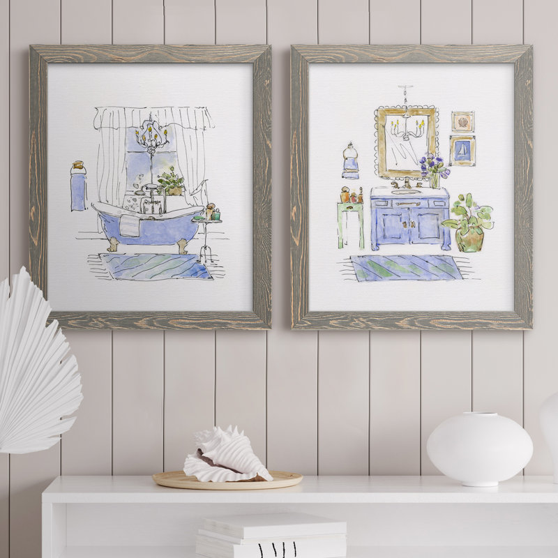 «Sketchy Bath I», ensemble de 2 peintures sur toile encadrées, H 20 po x l 34 po x P 1,5 po, Toile avec cadre gris