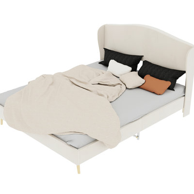 Queen Beige Velvet Bed, Well - Engineered Structure, Headboard For Relaxing In Fits Bedroom Space Adequately Size Cozy Relaxing, Noise Sleep
