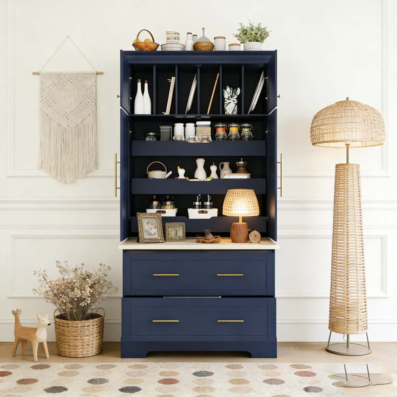 Armoire de rangement 72,6 po, 4 portes avec plateaux coulissants, tiroirs et rangement pour moule à gâteau, Bleu