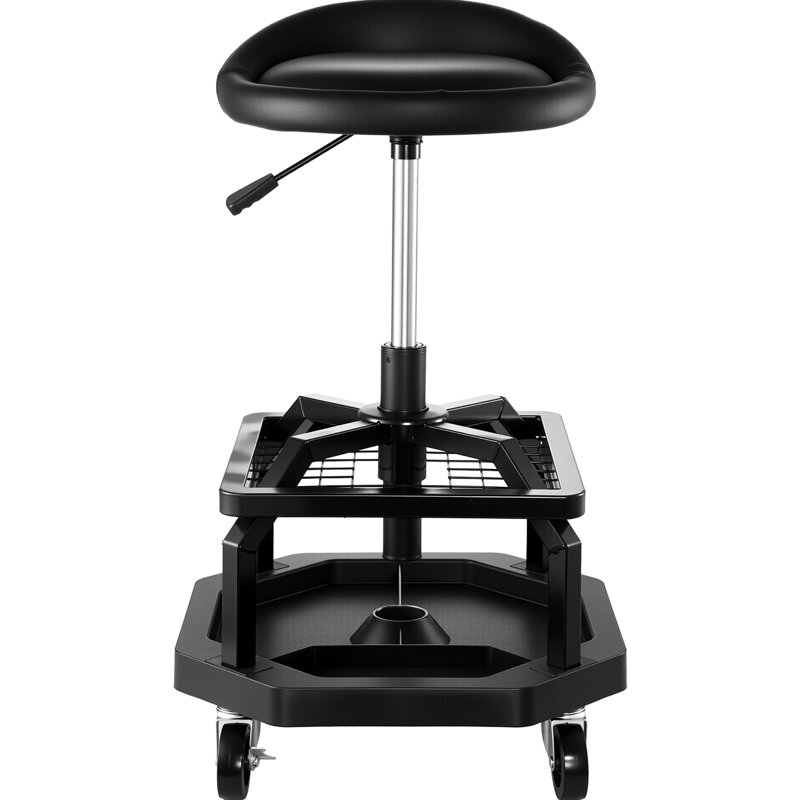 Tabouret Garage Shop à hauteur réglable, support de 300 lb, 2 plateaux de rangement, rotation et verrouillage à 360 °, mousse noire roulante avec