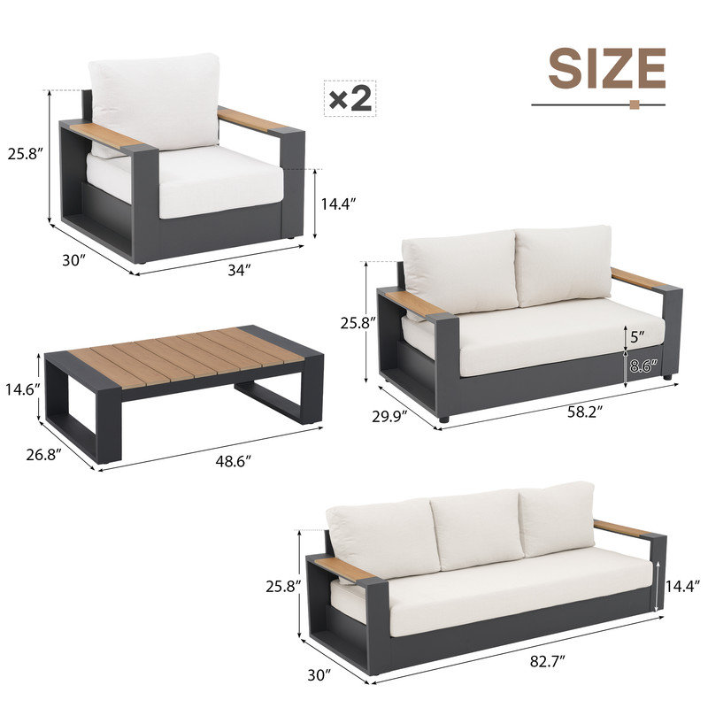 Ensemble de conversation d'extérieur 5 pièces avec fauteuils, 5 Pcs: Table, Loveseat, Sofa, 2 Chairs, Cream, Beige