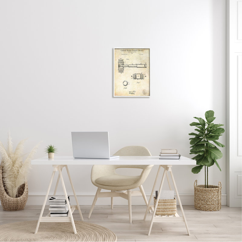 Schéma de brevet rétro, L 16 po x H 16 po, Giclée encadrée blanc bord de mer