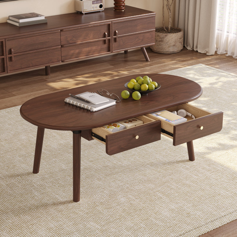 Table basse ovale en bois de noyer avec tiroirs