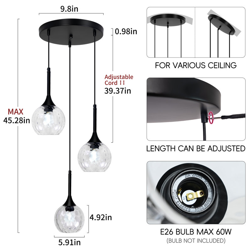 3-Light Cluster Pendant Lamp With Hammered Glass