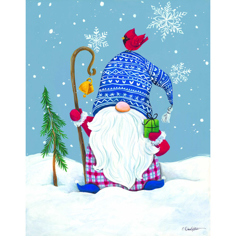 «Snowy Gnome with Présent» par Diane Kater - reproduction d'art sur toile tendue, H 32 po x l 24 po
