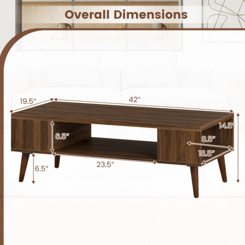 Table basse rectangulaire de 42 pouces Mid-Century moderne avec compartiment ouvert
