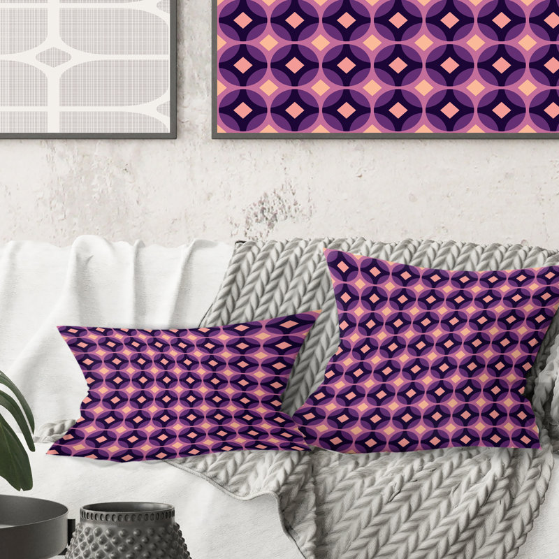Coussin décoratif rétro imprimé mauve et jaune Mid-Century, 18 po x 18 po