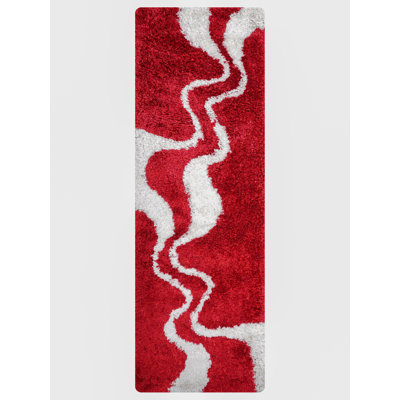 Tapis de couloir en polyester à poils longs touffetés à la main - Tapis de couloir | Rouge / blanc | Design contemporain, tapis antidérapants épais faits à la main pour salon, chambre à coucher