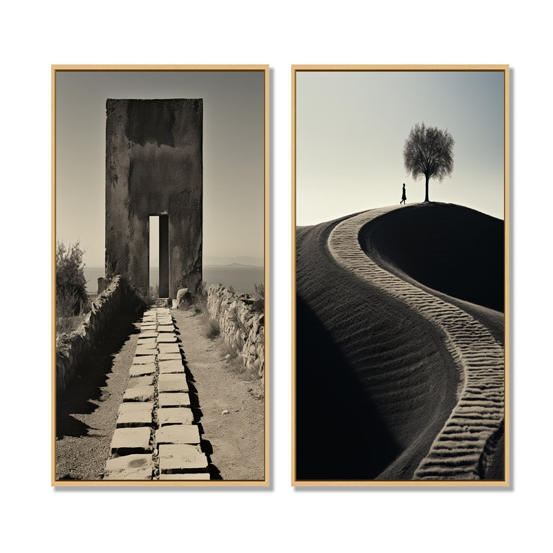 «Black and White Minimal Horizon Photo», ensemble d'art mural abstrait sur toile, Encadrement brun, H 32 po x l 33 po