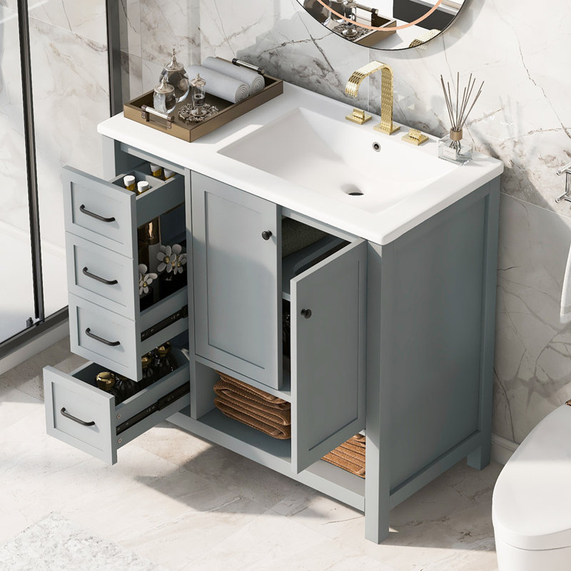 Meuble-lavabo de 36 po avec comptoir d'évier, meuble-lavabo avec deux portes et deux tiroirs, bois massif, tablette ouverte, panneaux de fibres à densité moyenne, un paquet