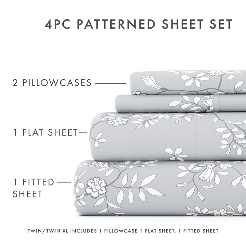 Light Gray Floral Vine Queen Microfiber Sheet Set