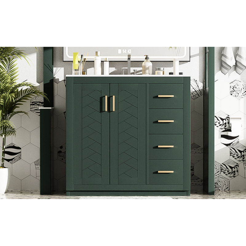 36 po, rangement pour salle de bain, lavabo en céramique, structure en bois massif, rangement spacieux pour les articles de toilette, quincaillerie à fermeture en douceur, poignées et matériaux en métal exquis, utilisation quotidienne de trois tiroirs, dissimulé moderne